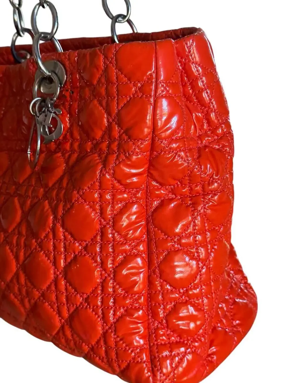 Christian Dior Lady Dior Cannage Orange Patent Leather Tote Bag Silver Hardware